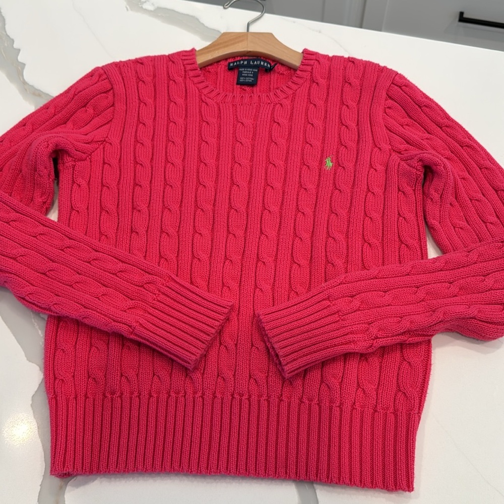 Y2k Ralph Lauren cable knit pullover. Pink Crew Neck Cable Knit Sweater L